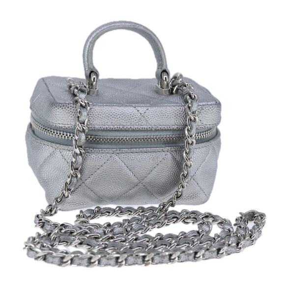 CHANEL Matelasse Hand Bag Caviar Skin Silver CC - Picture 1 of 16